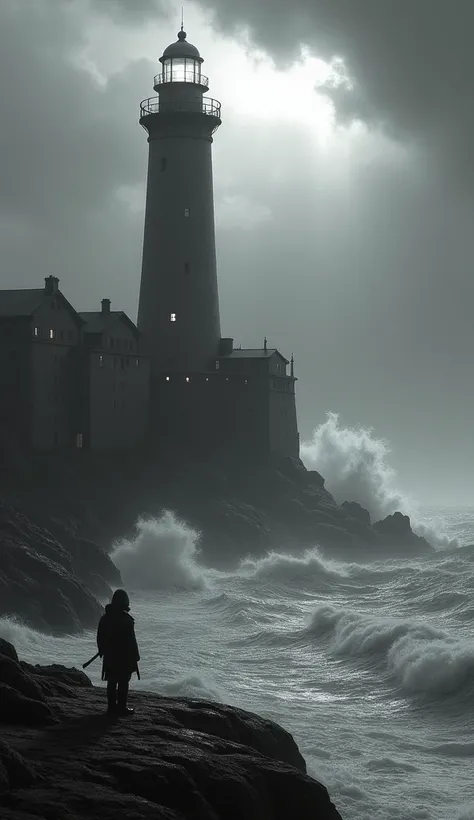 An image of a full black and white shot of a dramatic coastal scene. A tall, imposing lighthouse, silhouetted against a stormy sky, stands prominently in the center. The lighthouses structure is detailed with a visible lantern room, and its windows are lit...