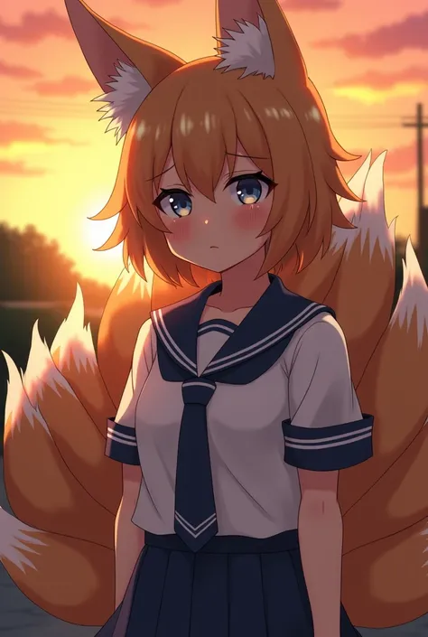 Anime nine-tailed fox girl with Japanese uniform have medium breast. She is crying at sunset 