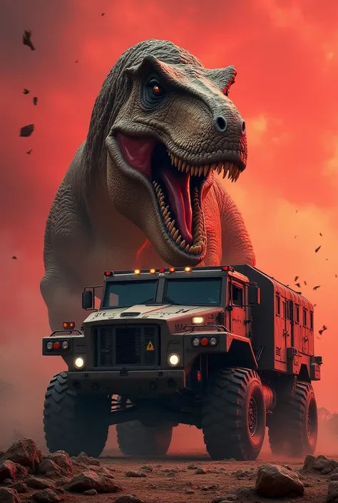 
A massive T-Rex with glowing, menacing eyes, facing a heavily armored truck with oversized wheels and a reinforced steel body. The two titans stand in the middle of a dark, apocalyptic wasteland, ready to charge at each other under a blood-red sky.
