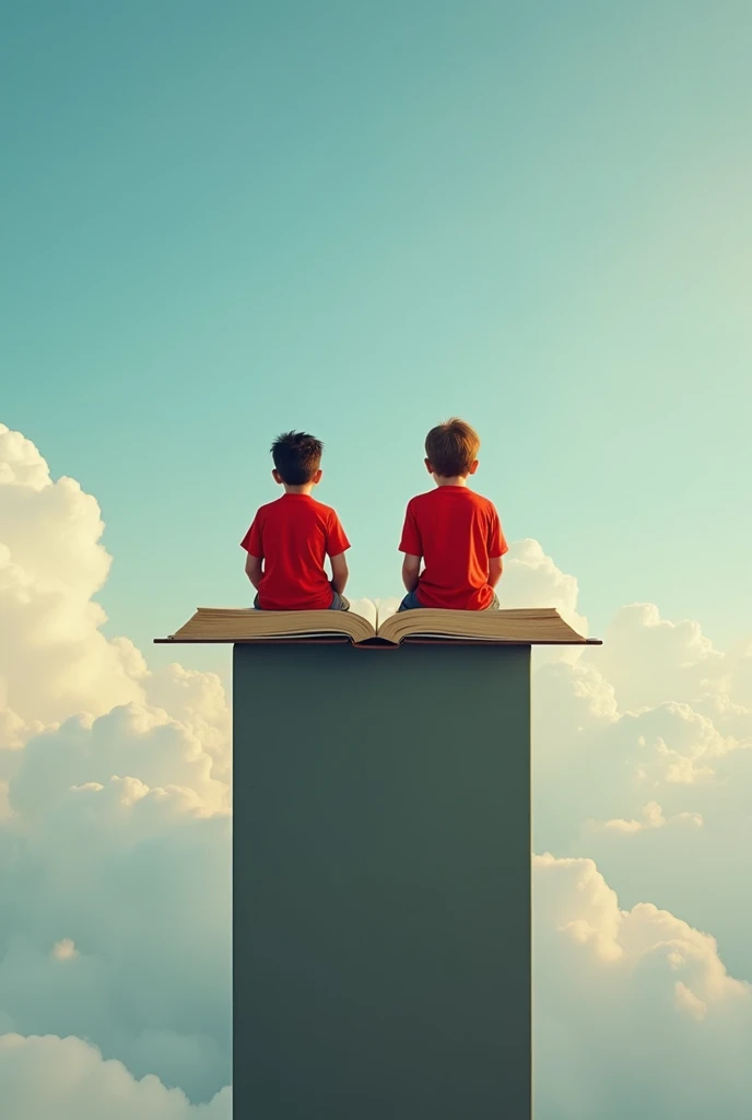  Two ren on top of a book that is going to the sky.  The ren are sitting at the end of the book happily sitting .  The book is open . The ren are wearing red shirts .  A  is black, The other one is brown .