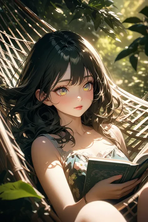 masterpiece:1.2, 8k,  high definition ,  super detailed:1.2, Photographically:1.37, (cute, Aesthetic , reading in a hammock chair ), beautiful detailed eyes, beautiful detailed lips that boldly lie down, Styled by 。 Extremely elaborate eyes and faces , lon...