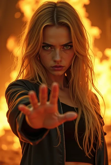  1 girl in her 20s - blonde with long hair and green eyes, focus on girl , the girl stands with her hand outstretched forward, palm up call,  pose and facial expression angry mocking defiants, look into the camera, in flames ,  upper body,  cinematic angle...