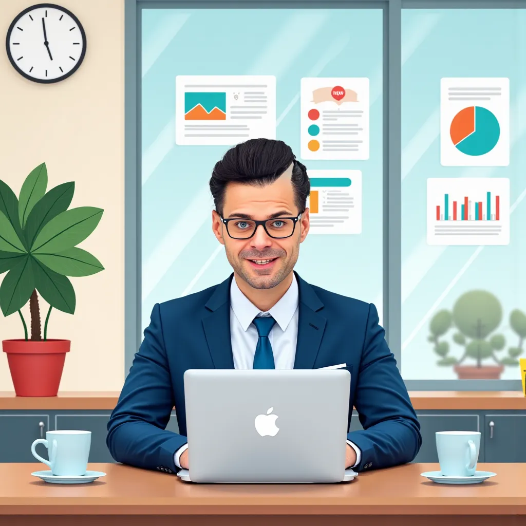 a comic-style pop-art illustration of a professional gm42 manager sitting at a desk in a modern office, focused on a macbook pro...