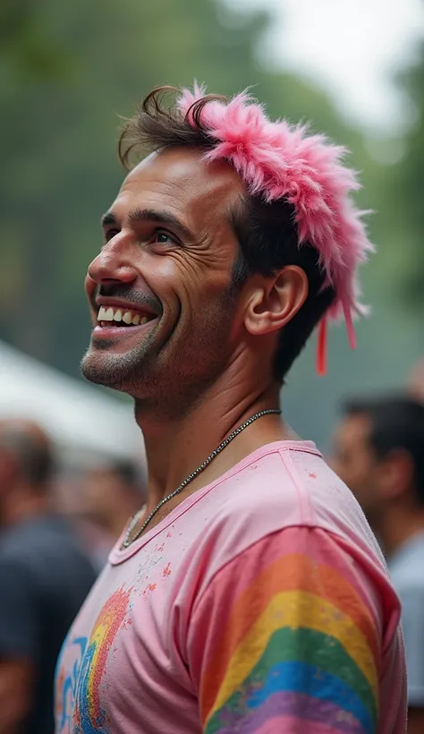 président Emmanuel macron, de profil, portant des vêtements gay Pride motif sexe masculin, péruque rose, yeux malades, sourire, dents, jungle, week aux lèvres, fumée blanche