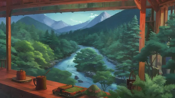 forest,river,mountain ,studio ghibli style ,cozy
