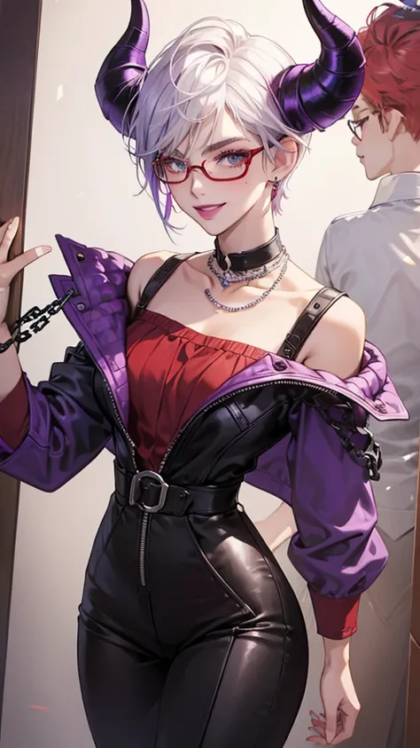 8k, masterpiece, best quality, highly detailed, 1 girl, devil, demon horns, warlock, pixie cut, white hair, multicolored hair, very short straight hair, red highlight hair on white hair, stippled hair, wearing glasses, round glasses, earrings, red eyeshado...