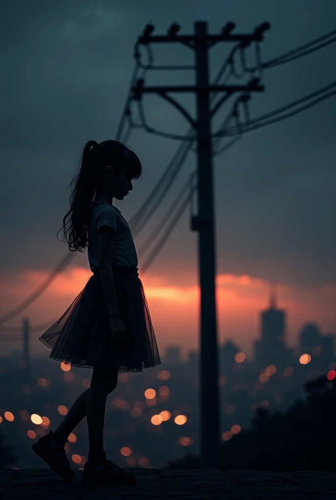 Electric pole、 1 girl 、 silhouette、City、night、Artistic、masterpiece、Shadow play