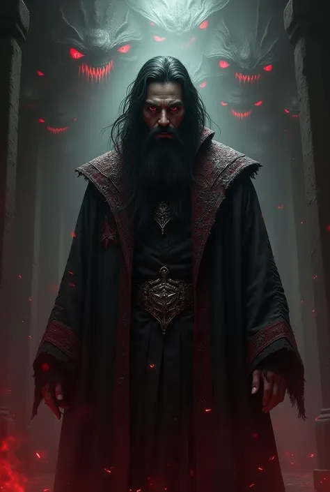    A man with a long beard ,  a black sorcerer in a room where Satan reigns, Demonic eyes in the background  , red background, Very demonic face,  black hair, 