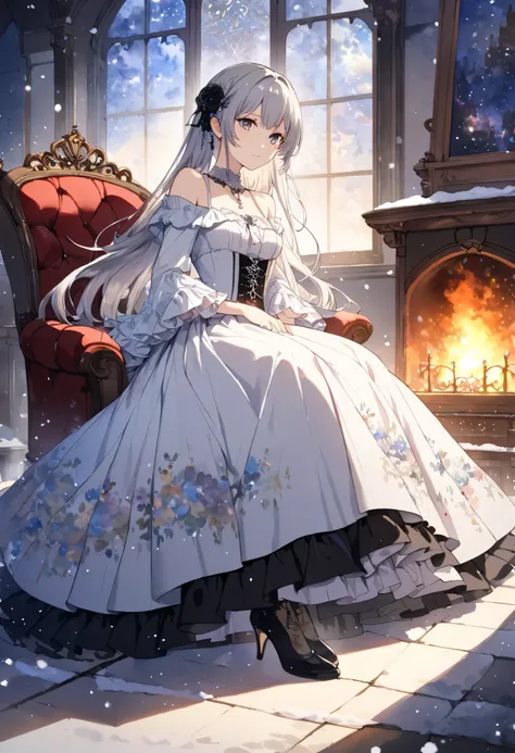  An attractive young woman reading a book in front of a fireplace 、night、,(((watercolor))),  (((gothic))), ,she was adorned with hair accessories、,Straight silver hair 。 ruffle mini skirt, sheの表情は自然だ,  calm look. she wore a dress with ruffled sleeves and a...