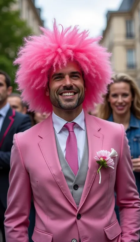 président Emmanuel macron, portant des vêtements gay Pride motif sexe masculin, péruque rose, yeux malades, sourire, dents, jungle, week aux lèvres, fumée blanche, entouré de Drag Quins