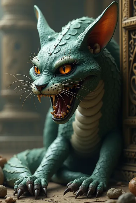 je voudrais une image dun monstre avec une tête de chat femelle avec de longs cils et un regard effrayant avec un corps de serpent dans lantiquité.