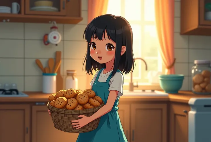 every morning before school , Rina (a  with shoulder-length hair and a slightly worn-out dress in sky blue who is carrying a basket of cookies that he is going to sell) make cookies that he will sell later after school in his kitchen. 