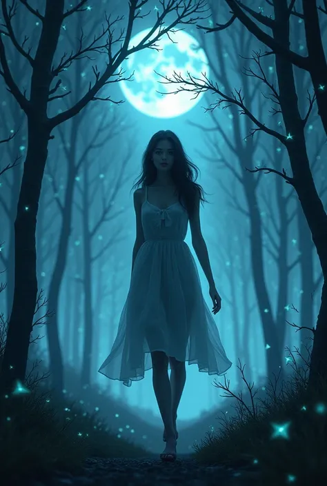 A young woman walking under moonlight, surrounded by eerie glowing trees.
