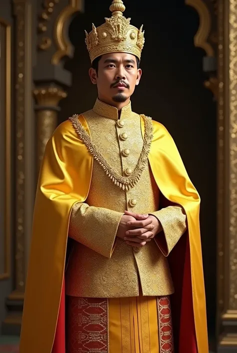 The Sultan who wears a gold-colored tengkolok with a tengkolok tie "DENDAM TAK SUDAH". Wearing a gold-colored Malay shirt and gold-colored Malay pants. The samping is yellow and the side is yellow and the stripe is red. No beards. And the Sultan is handsom...