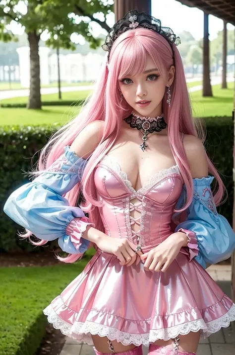 sexy stylish Swedish model, only 1 female, ((doll-like appearance)), long neon pink stylish hair, ((shiny Victorian-Style boots)), (big smile), ultra detailed eyes, vivid eye makeup, lipgloss, long lashes, defined eyebrows, ((sexy Paradise Kiss cosplay)), ...