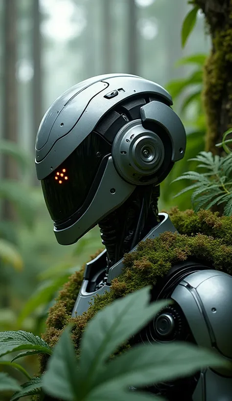 A close up of a robot with a helmet on in a forest