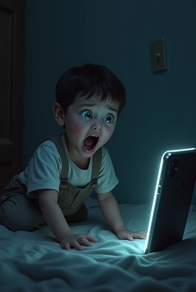 A small boy was watching phone he is scared when he saw phone in room
