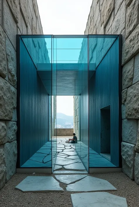 Design of a  rectangular cube-shaped space with an area of 100 square meters,that built below ground level and  two sides of which are made of  blue glass and two sides of stone with broken edges. This space on the walking path is designed for moments of s...