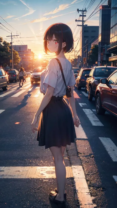 A shining sunset,sunset,Cars passing by on the road,Tokyo city,traffic jam,Girl 1 with short bob and red eyes is crossing the street,Top-down view,A girl far away,Rear view