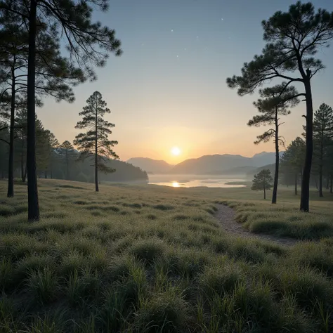 "A serene winter landscape at sunset. A vast green field stretches endlessly, with tall pines reaching toward the sky in the background. The field is lightly dusted with frost, while soft golden sunlight filters through swaying leaves. In the distance, mis...