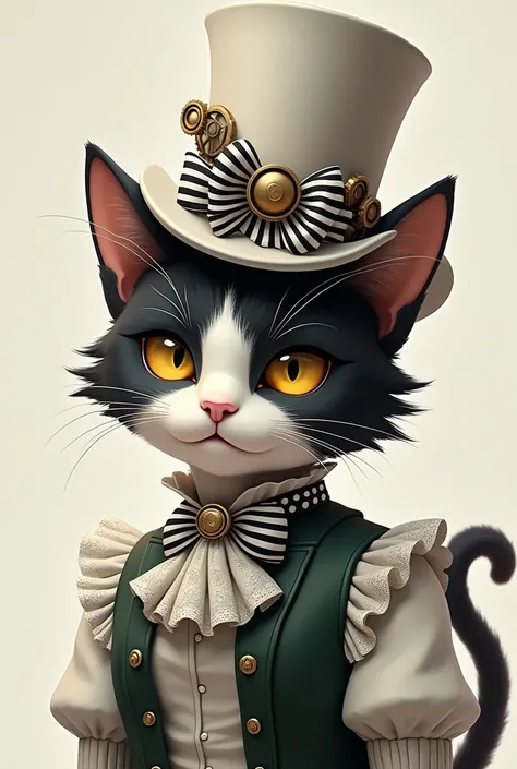 This is a digital drawing featuring an anthropomorphic cat with a whimsical, steampunk-inspired aesthetic. The cat, with a sleek black and white coat, is depicted wearing elaborate, Victorian-era attire. The outfit includes a high-collared, dark green jack...