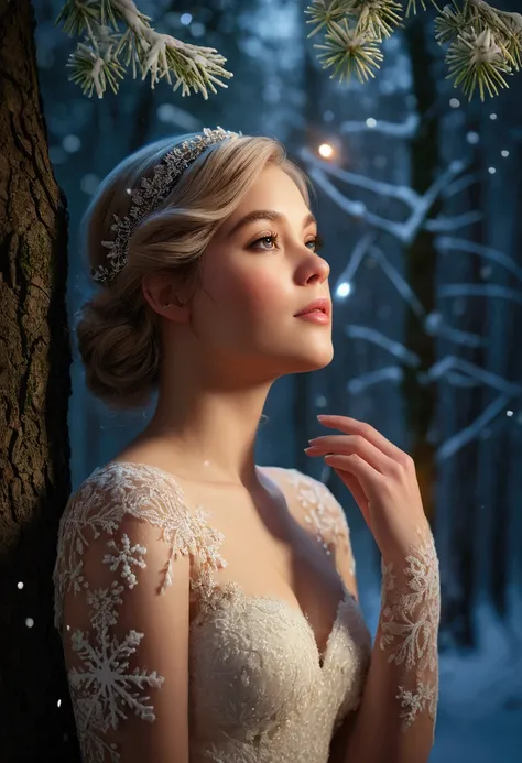 A tree, UHD, realistic, detailed,  Volumetric lighting ,  intricate snowflakes ,  warm shades , light-dark lighting,  cinematic composition , Elegant Pose, delicate lace accents , soft skin tones,  sparkling fairy lights in the background,  snowy forest ba...