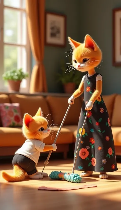 In cinematic 3D style ,HD image, realistic image, colourful image. 
Character, Orange baby cat wearing white t-shirt black shots. 
Character, lina big female Orange cat is thin and long wearing black long dress with colorful flowers printed on it.
Action,I...