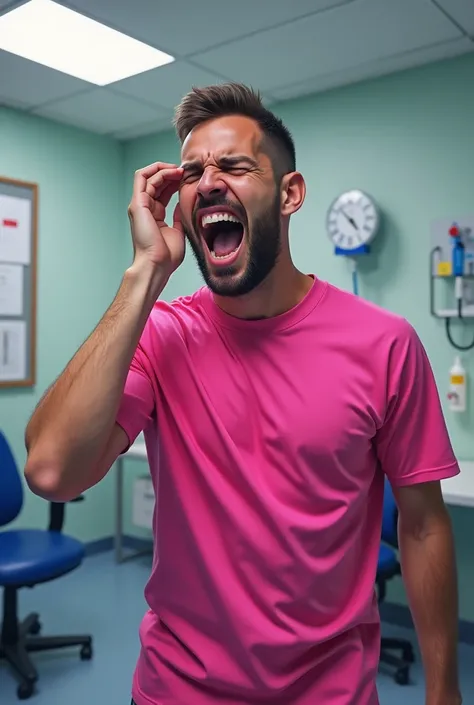  Football player Jordi Alba in the doctors office with ear pain. yelling. Miami player . pink t-shirt.  Doctors office  