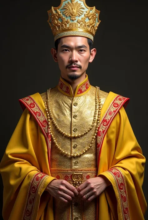 The Sultan who wears a gold-colored tengkolok with a tengkolok tie "DENDAM TAK SUDAH". Wearing a gold-colored Malay shirt and gold-colored Malay pants. The samping is yellow and the side (on shoulder) is yellow and the stripe is red. No beards. And the Sul...