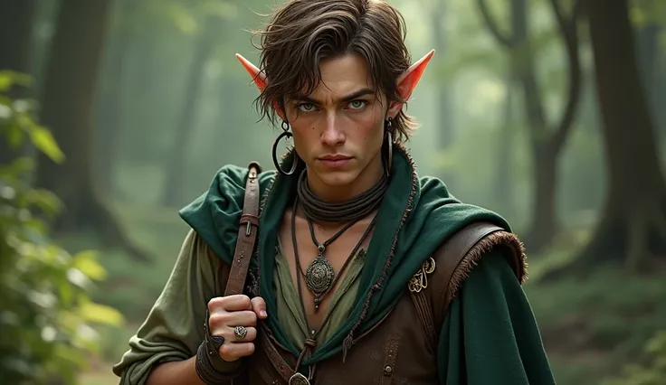 An adult male elf - brown, disheveled hair - leather hoop earrings - white top with wide sleeves, tied by suspenders - loose green cloth trousers with brown details, held by harnesses - leather choker with shiny metal pendant and collar leather with golden...