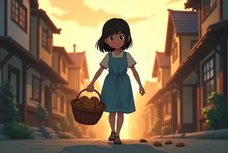  then after school , silhouette of Rina  (a  with shoulder-length hair and a slightly worn-out dress in sky blue who is carrying a basket of cookies that he is going to sell)  will go around the village carrying a basket of her cookies.