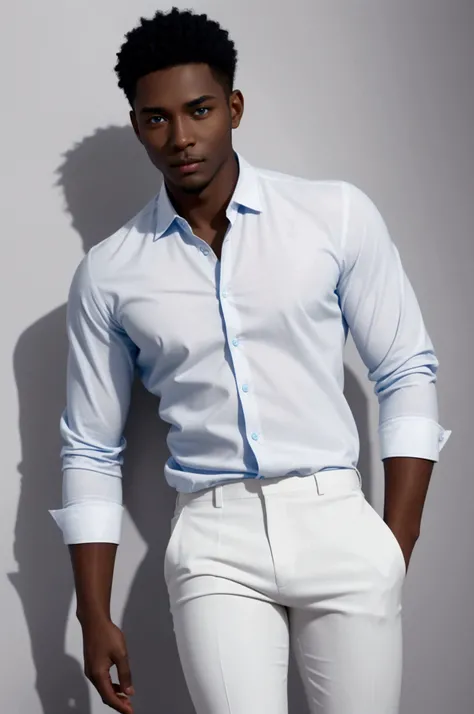 A cute black man with beautiful blue eyes, a white shirt, a very nice pants. Smelling ,very dark skin.