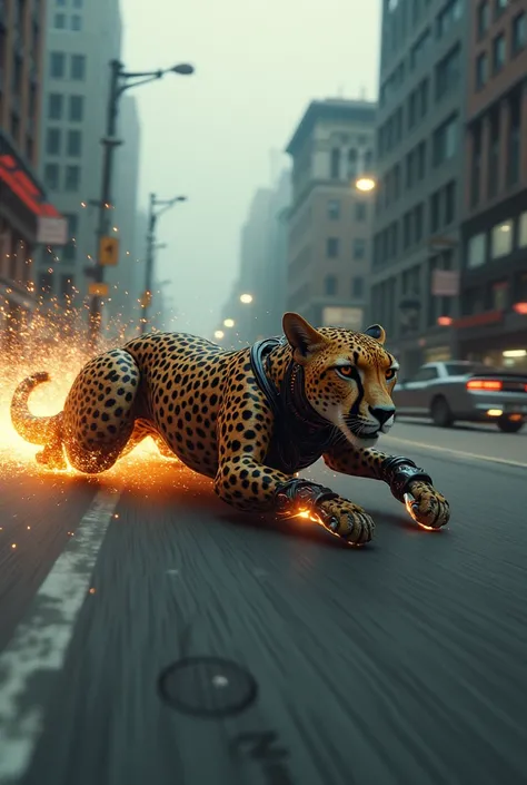 A hybrid of a cheetah and a sports car, with the body of a sleek cheetah and the aerodynamic frame of a powerful sports car. It speeds through the dark streets of a deserted city, leaving trails of sparks and destruction as it races past.
