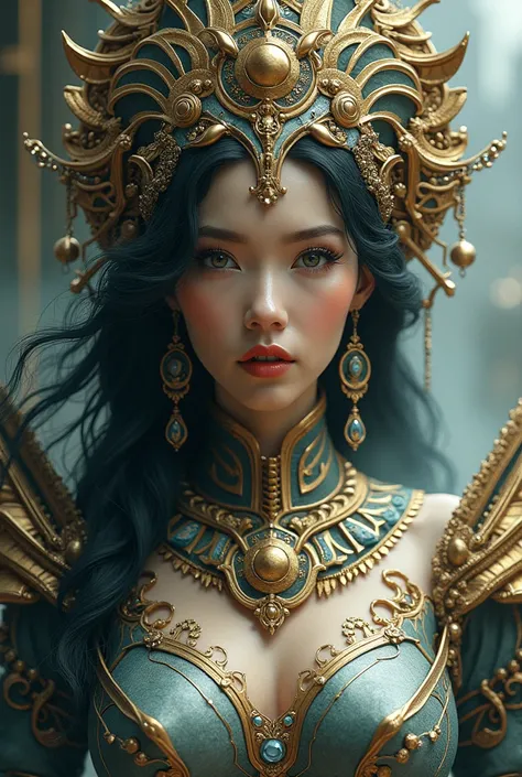 The goddess of wisdom and intelligence, head to breast, highly technologically advanced. High Resolution, Masterpiece, Award Winning, Best Quality, High Details, High Quality, UHD, Optical Illusion, Impressionism, Art Deco, Cinematic, Cinematography, Futur...