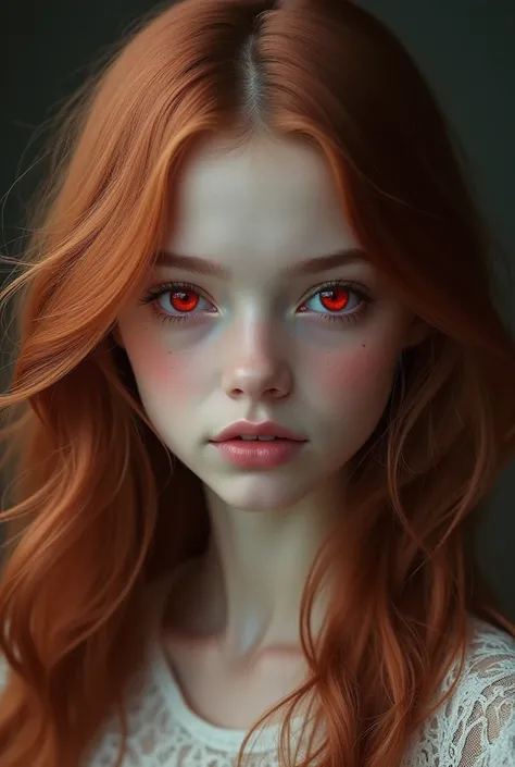 A  girl with bronze hair red eyes and pale skin