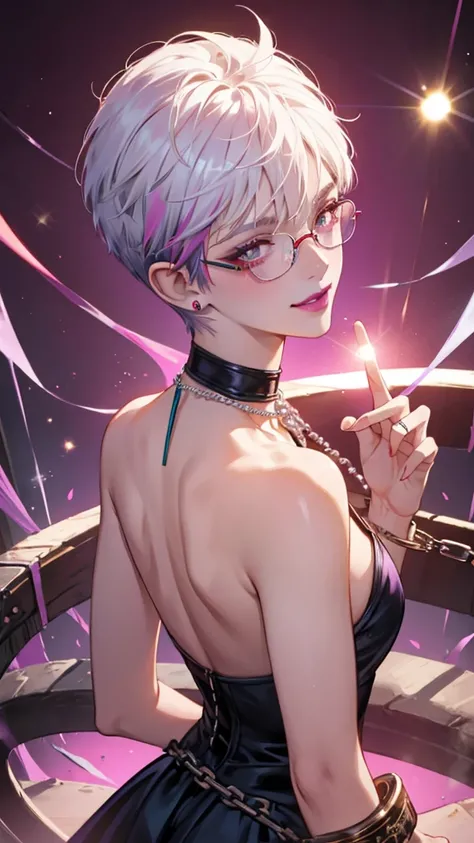 8k, masterpiece, best quality, highly detailed, 1 girl, devil, demon horns, warlock, pixie cut, white hair, multicolored hair, very short straight hair, red highlight hair on white hair, stippled hair, wearing glasses, round glasses, earrings, red eyeshado...