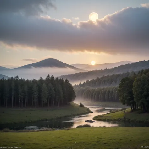 "A serene winter landscape at sunset. A vast green field stretches endlessly, with tall pines reaching toward the sky in the background. The field is lightly dusted with frost, while soft golden sunlight filters through swaying leaves. In the distance, mis...