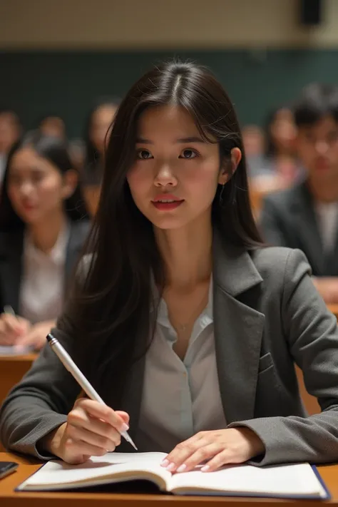 Imagine a pretty dark haired college girl in class listening to lectures 