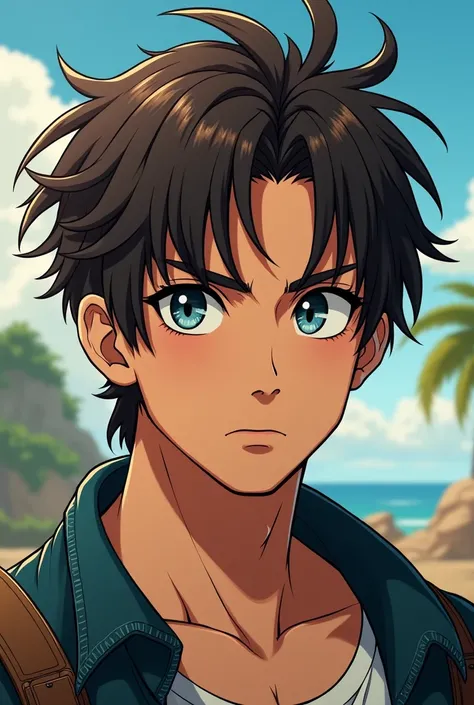 Young man with dark brown hair and slightly messy,  blue eyes shaped like hazelnuts and with very slightly tanned skin in anime style. With more masculine and tough features .