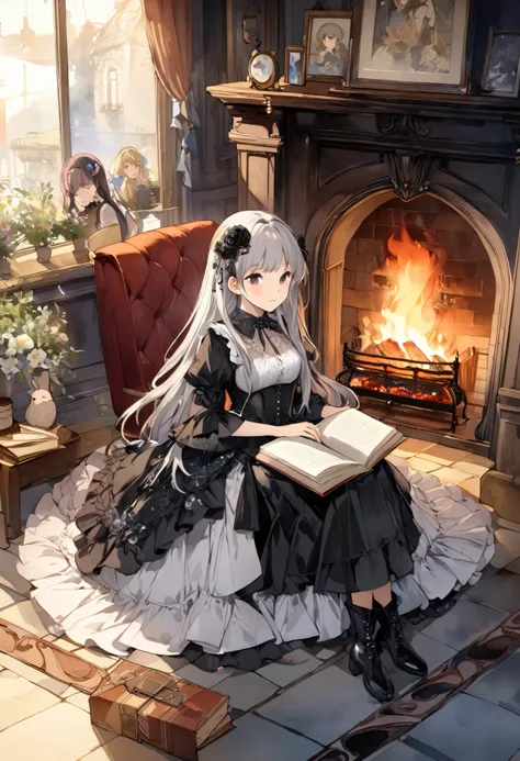  An attractive young woman reading a book in front of a fireplace 、night、,(((watercolor))),  (((gothic))), ,she was adorned with hair accessories、,Straight silver hair 。 ruffle mini skirt, sheの表情は自然だ,  calm look. she wore a dress with ruffled sleeves and a...