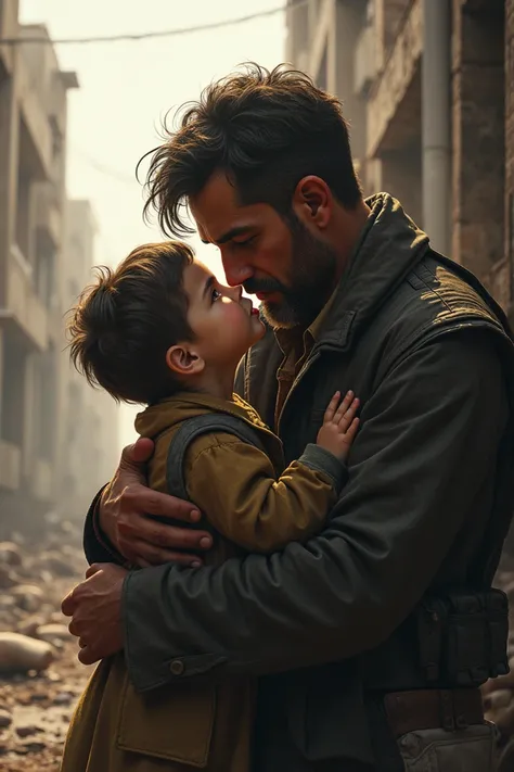 A small  kisses his uncles cheek, with a background showing the effects of destruction and shells.