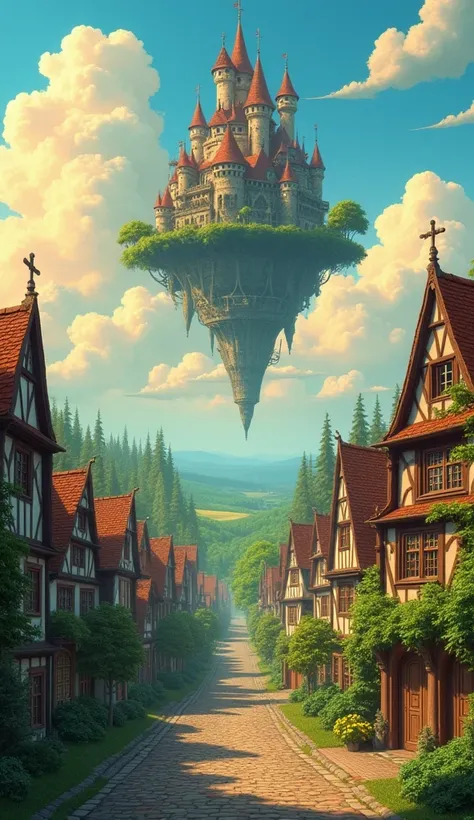 "Imagine a whimsical, magical world inspired by Ghibli films, particularly Howls Moving Castle. A charming European-style town with cobblestone streets, medieval architecture, and colorful houses. In the distance, a fantastical castle with intricate, steam...