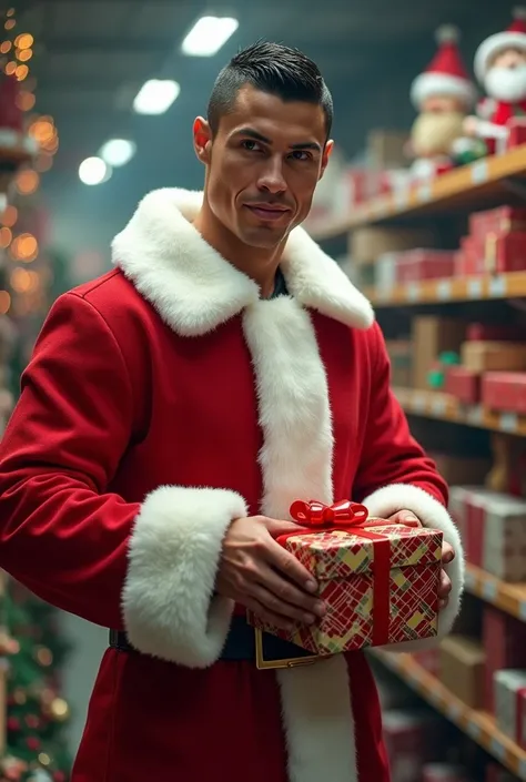 Cristiano Ronaldo in Santa claus clothes and on Santa Claus factory pack gift with a 