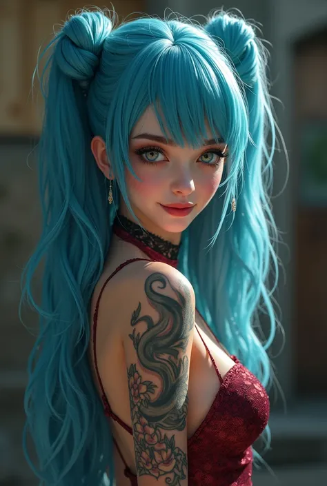 Young sexy Woman, long blue hair, two braided pigtails, many Tattoos, Sexy Dress