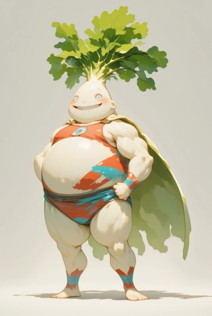 Fantasy art. A Daikon Man is a Super Hero. Muscular and fat, white daikon skin texture, refreshing smile. The daikon in wrestling uniform with Fluttering Cape, The uniform design should include a sleek, form-fitting singlet that covers the torso and reache...