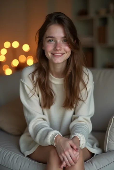 1 white British girl teenage,sitting on a cozy couch,crossing legs,soft light,smile, ((extreme skin detail)), hdr, ((ultrarealistic)), ((photo)), bokeh, depth of field, 8k uhd, dslr, soft lighting, high quality, Fujifilm XT3