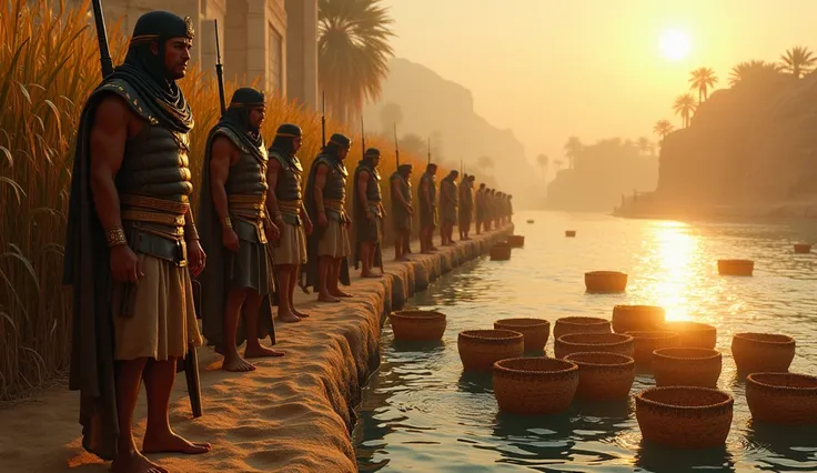 Dramatic scene of the Nile ,  with floating baskets and Egyptian soldiers looking for babies.
