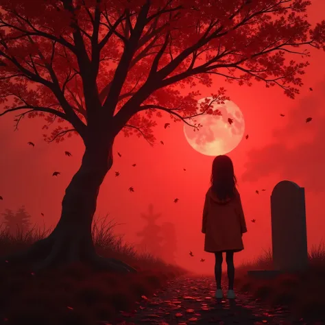 A hyperrealistic character concept in a video game art style, featuring a girl in a windbreaker standing near a lonely tree in a glowy red color scheme.  The scene showcases a psychosomatic blend of special effects, with falling leaves and a grave, exuding...