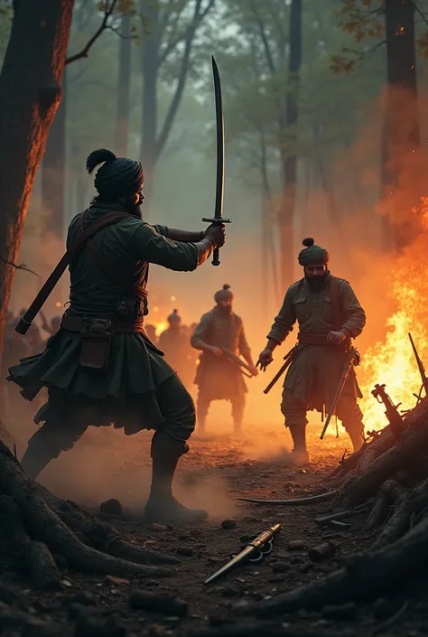 This intense scene depicts the final battle in the dense forest area of Baraaj village, where Bhur Singh, Bal Singh, and Ganesh Daroga engage in a fierce skirmish with 300 British soldiers.
Bhur Singh is shown wielding his sword in a heroic stance, bravely...