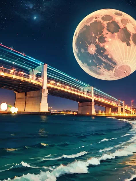 masterpiece， best quality， highest resolution，Gulf Coastミッドナイト，Gulf Coast， Rainbow Bridge at night，Drive super fast in a modified car ，moon，